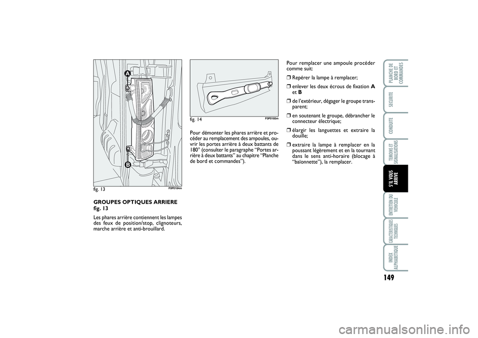 FIAT SCUDO 2014 Notice dentretien (in French) 149
TEMOINS ET
SIGNALISATIONSENTRETIEN DU
VEHICULECARACTERISTIQUES
TECHNIQUESINDEX
ALPHABETIQUEPLANCHE DE
BORD ET
COMMANDES SECURITECONDUITES’IL VOUS
ARRIVE
GROUPES OPTIQUES ARRIERE
fig. 13
Les pha FIAT SCUDO 2014 Notice dentretien (in French) 149
TEMOINS ET
SIGNALISATIONSENTRETIEN DU
VEHICULECARACTERISTIQUES
TECHNIQUESINDEX
ALPHABETIQUEPLANCHE DE
BORD ET
COMMANDES SECURITECONDUITES’IL VOUS
ARRIVE
GROUPES OPTIQUES ARRIERE
fig. 13
Les pha