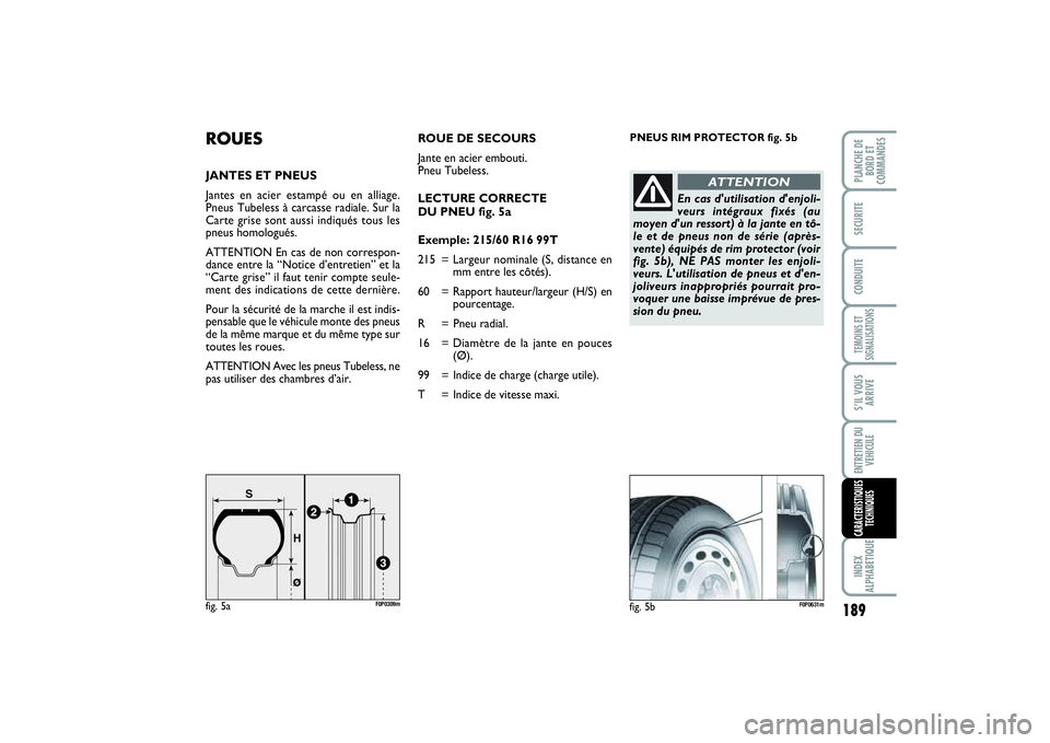 FIAT SCUDO 2014 Notice dentretien (in French) 189
TEMOINS ET
SIGNALISATIONSINDEX
ALPHABETIQUEPLANCHE DE
BORD ET
COMMANDESSECURITECONDUITES’IL VOUS
ARRIVEENTRETIEN DU
VEHICULECARACTERISTIQUES
TECHNIQUES
PNEUS RIM PROTECTOR fig. 5b
ROUESJANTES ET FIAT SCUDO 2014 Notice dentretien (in French) 189
TEMOINS ET
SIGNALISATIONSINDEX
ALPHABETIQUEPLANCHE DE
BORD ET
COMMANDESSECURITECONDUITES’IL VOUS
ARRIVEENTRETIEN DU
VEHICULECARACTERISTIQUES
TECHNIQUES
PNEUS RIM PROTECTOR fig. 5b
ROUESJANTES ET