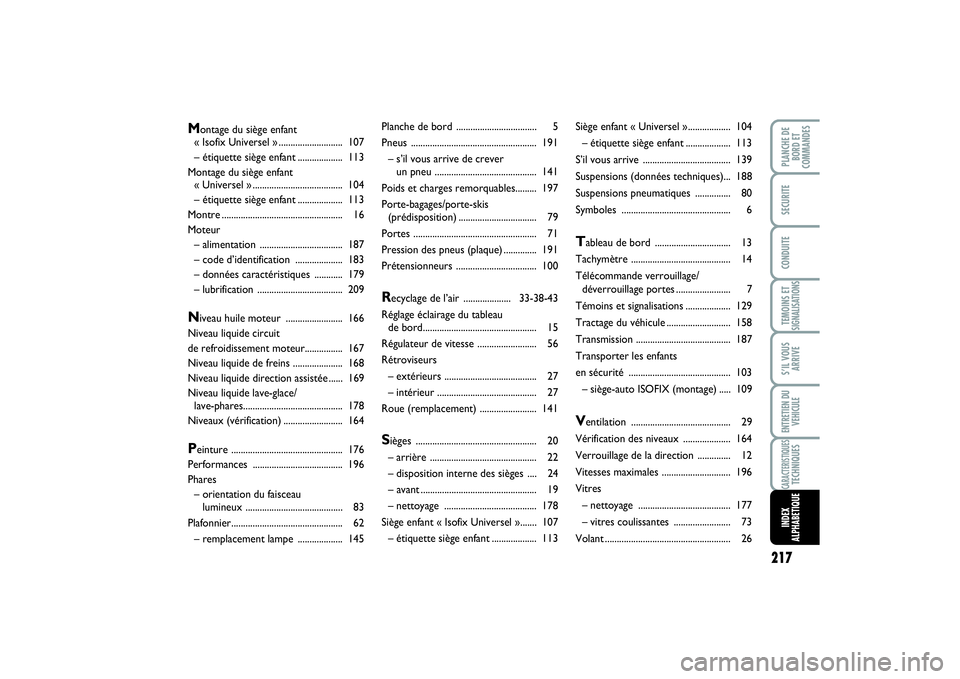 FIAT SCUDO 2014  Notice dentretien (in French) 217
TEMOINS ET SIGNALISATIONSPLANCHE DE 
BORD ET 
COMMANDESSECURITECONDUITES’IL VOUS
ARRIVEENTRETIEN DU 
VEHICULECARACTERISTIQUESTECHNIQUESINDEX 
ALPHABETIQUE
Planche de bord .......................