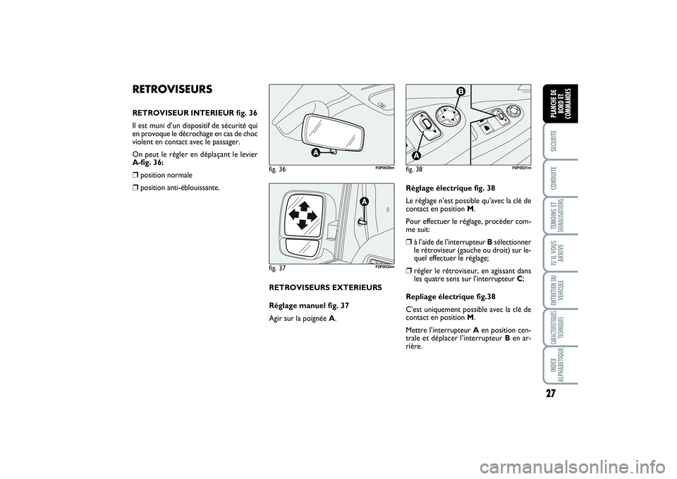 FIAT SCUDO 2014  Notice dentretien (in French) 27
SECURITECONDUITETEMOINS ETSIGNALISATIONSIS’IL VOUS
ARRIVEENTRETIEN DU
VEHICULECARACTERISTIQUES
TECHNIQUESINDEX
ALPHABETIQUEPLANCHE DE
BORD ET
COMMANDES
RETROVISEURSRETROVISEUR INTERIEUR fig. 36
I