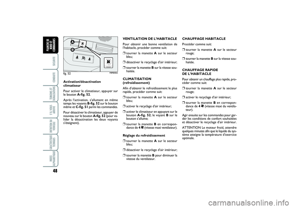 FIAT SCUDO 2014 Notice dentretien (in French) 48SECURITECONDUITETEMOINS ETSIGNALISATIONSS’IL VOUS
ARRIVEENTRETIEN DU
VEHICULECARACTERISTIQUES
TECHNIQUESINDEX
ALPHABETIQUEPLANCHE DE
BORD ET
COMMANDES
CHAUFFAGE HABITACLE
Procéder comme suit:❒
FIAT SCUDO 2014 Notice dentretien (in French) 48SECURITECONDUITETEMOINS ETSIGNALISATIONSS’IL VOUS
ARRIVEENTRETIEN DU
VEHICULECARACTERISTIQUES
TECHNIQUESINDEX
ALPHABETIQUEPLANCHE DE
BORD ET
COMMANDES
CHAUFFAGE HABITACLE
Procéder comme suit:❒