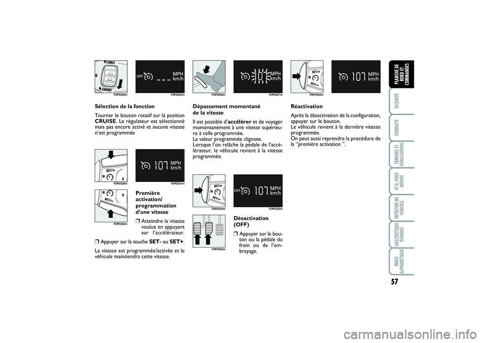 FIAT SCUDO 2014 Notice dentretien (in French) 57
SECURITECONDUITETEMOINS ETSIGNALISATIONSIS’IL VOUS
ARRIVEENTRETIEN DU
VEHICULECARACTERISTIQUES
TECHNIQUESINDEX
ALPHABETIQUEPLANCHE DE
BORD ET
COMMANDES
Sélection de la fonction
Tourner le bouton FIAT SCUDO 2014 Notice dentretien (in French) 57
SECURITECONDUITETEMOINS ETSIGNALISATIONSIS’IL VOUS
ARRIVEENTRETIEN DU
VEHICULECARACTERISTIQUES
TECHNIQUESINDEX
ALPHABETIQUEPLANCHE DE
BORD ET
COMMANDES
Sélection de la fonction
Tourner le bouton