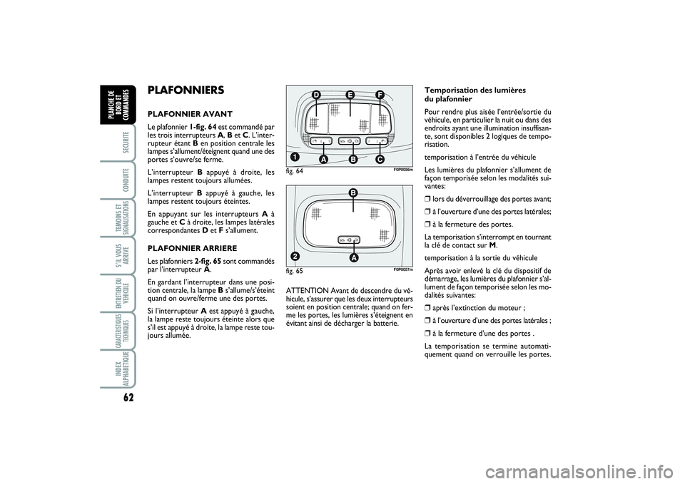 FIAT SCUDO 2014 Notice dentretien (in French) 62SECURITECONDUITETEMOINS ETSIGNALISATIONSS’IL VOUS
ARRIVEENTRETIEN DU
VEHICULECARACTERISTIQUES
TECHNIQUESINDEX
ALPHABETIQUEPLANCHE DE
BORD ET
COMMANDES
PLAFONNIERSPLAFONNIER AVANT
Le plafonnier 1-f FIAT SCUDO 2014 Notice dentretien (in French) 62SECURITECONDUITETEMOINS ETSIGNALISATIONSS’IL VOUS
ARRIVEENTRETIEN DU
VEHICULECARACTERISTIQUES
TECHNIQUESINDEX
ALPHABETIQUEPLANCHE DE
BORD ET
COMMANDES
PLAFONNIERSPLAFONNIER AVANT
Le plafonnier 1-f