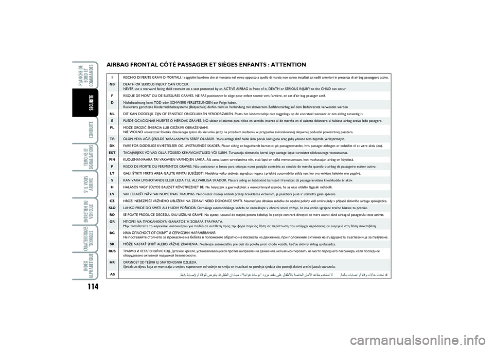 FIAT SCUDO 2015 Notice dentretien (in French) 114CONDUITETEMOINS ET
SIGNALISATIONSS’IL VOUS
ARRIVEENTRETIEN DU
VEHICULECARACTERISTIQUES
TECHNIQUESINDEX
ALPHABETIQUEPLANCHE DE
BORD ET
COMMANDES
SECURITE
AIRBAG FRONTAL CÔTÉ PASSAGER ET SIÈGES FIAT SCUDO 2015 Notice dentretien (in French) 114CONDUITETEMOINS ET
SIGNALISATIONSS’IL VOUS
ARRIVEENTRETIEN DU
VEHICULECARACTERISTIQUES
TECHNIQUESINDEX
ALPHABETIQUEPLANCHE DE
BORD ET
COMMANDES
SECURITE
AIRBAG FRONTAL CÔTÉ PASSAGER ET SIÈGES
