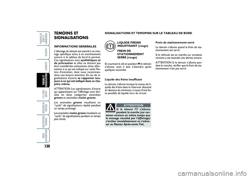 FIAT SCUDO 2015  Notice dentretien (in French) 130S’IL VOUS
ARRIVEENTRETIEN DU
VEHICULECARACTERISTIQUES
TECHNIQUESINDEX
ALPHABETIQUEPLANCHE DE
BORD ET
COMMANDES
SECURITECONDUITETEMOINS ET
SIGNALISATIONS
TEMOINS ET
SIGNALISATIONSINFORMATIONS GENE