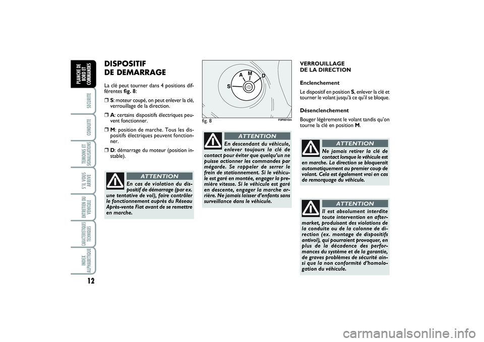 FIAT SCUDO 2015  Notice dentretien (in French) 12SECURITECONDUITETEMOINS ETSIGNALISATIONSS’IL VOUS
ARRIVEENTRETIEN DU
VEHICULECARACTERISTIQUES
TECHNIQUESINDEX
ALPHABETIQUEPLANCHE DE
BORD ET
COMMANDES
DISPOSITIF 
DE DEMARRAGELa clé peut tourner 