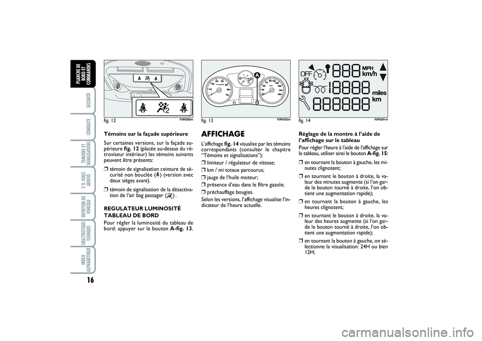 FIAT SCUDO 2016  Notice dentretien (in French) 16SECURITECONDUITETEMOINS ETSIGNALISATIONSS’IL VOUS
ARRIVEENTRETIEN DU
VEHICULECARACTERISTIQUES
TECHNIQUESINDEX
ALPHABETIQUEPLANCHE DE
BORD ET
COMMANDES
AFFICHAGE L’affichage fig. 14visualise par 