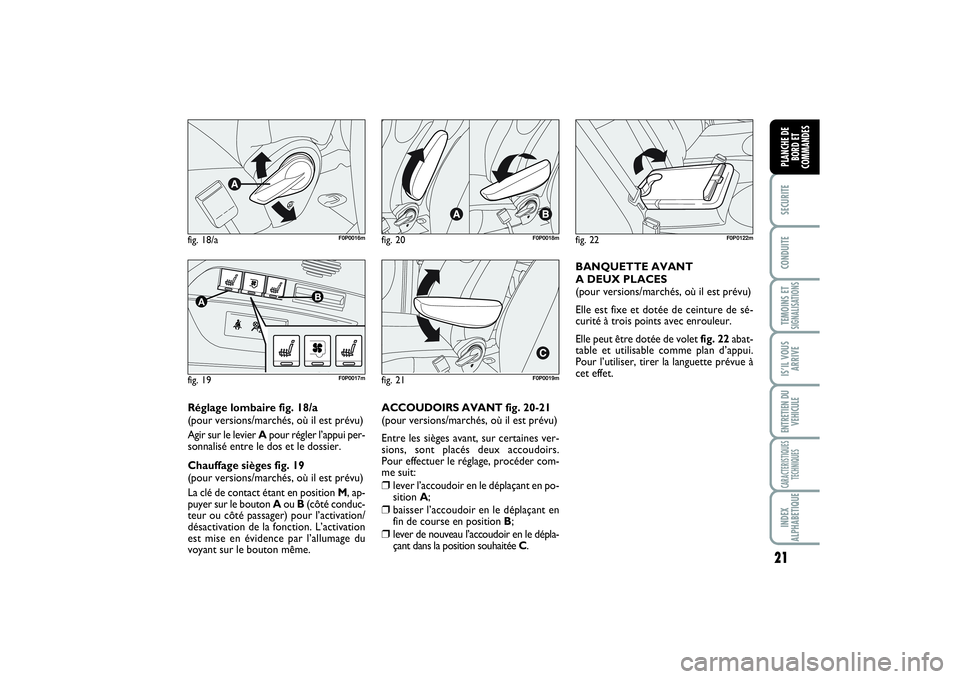 FIAT SCUDO 2015  Notice dentretien (in French) 21
SECURITECONDUITETEMOINS ETSIGNALISATIONSIS’IL VOUS
ARRIVEENTRETIEN DU
VEHICULECARACTERISTIQUES
TECHNIQUESINDEX
ALPHABETIQUEPLANCHE DE
BORD ET
COMMANDES
Réglage lombaire fig. 18/a
(pour versions/