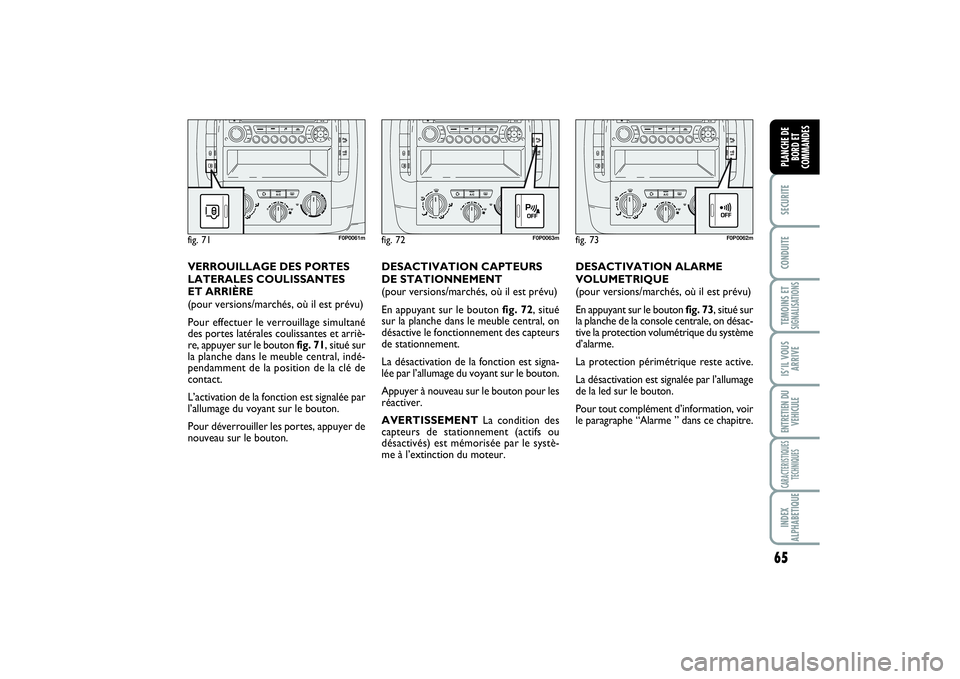 FIAT SCUDO 2015  Notice dentretien (in French) 65
SECURITECONDUITETEMOINS ETSIGNALISATIONSIS’IL VOUS
ARRIVEENTRETIEN DU
VEHICULECARACTERISTIQUES
TECHNIQUESINDEX
ALPHABETIQUEPLANCHE DE
BORD ET
COMMANDES
DESACTIVATION ALARME
VOLUMETRIQUE 
(pour ve