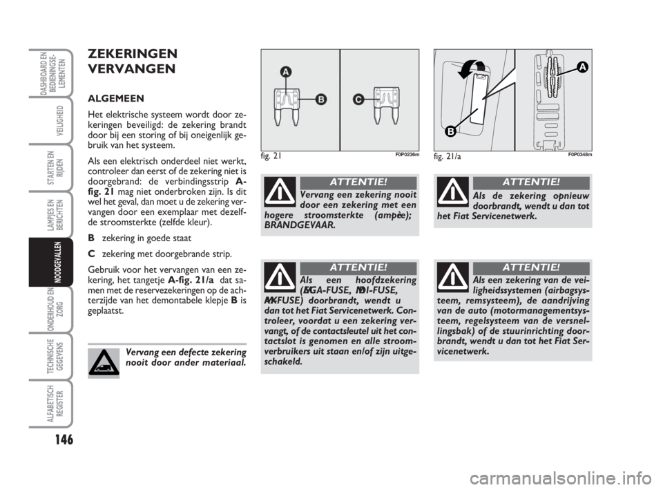 FIAT SCUDO 2010  Instructieboek (in Dutch) 146
LAMPJES EN
BERICHTEN
ONDERHOUD EN
ZORG
TECHNISCHE
GEGEVENS
ALFABETISCH
REGISTER
DASHBOARD EN
BEDIENINGSE-
LEMENTEN
VEILIGHEID
STARTEN EN
RIJDEN
NOODGEVALLEN
ZEKERINGEN
VERVANGEN
ALGEMEEN
Het elekt
