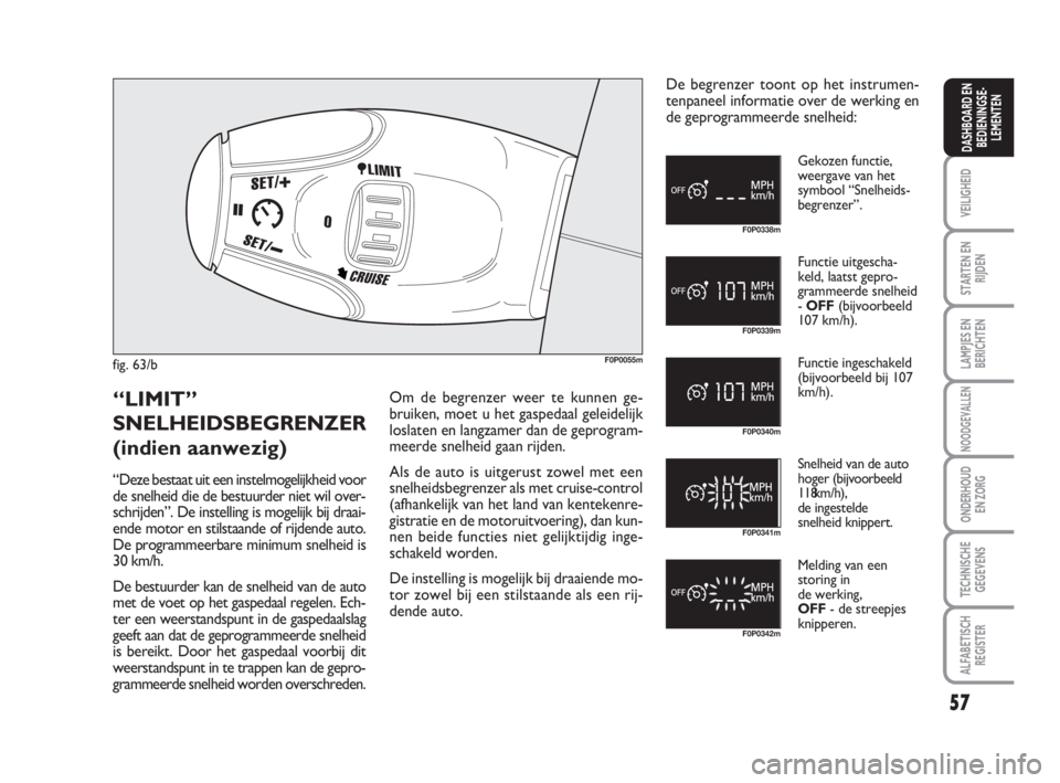 FIAT SCUDO 2010 Instructieboek (in Dutch) 57
VEILIGHEID
STARTEN EN
RIJDEN
LAMPJES EN
BERICHTEN
NOODGEVALLEN
ONDERHOUD
EN ZORG
TECHNISCHE
GEGEVENS
ALFABETISCH
REGISTER
DASHBOARD EN
BEDIENINGSE-
LEMENTEN
fig. 63/bF0P0055m
F0P0338m
F0P0339m
F0P0 FIAT SCUDO 2010 Instructieboek (in Dutch) 57
VEILIGHEID
STARTEN EN
RIJDEN
LAMPJES EN
BERICHTEN
NOODGEVALLEN
ONDERHOUD
EN ZORG
TECHNISCHE
GEGEVENS
ALFABETISCH
REGISTER
DASHBOARD EN
BEDIENINGSE-
LEMENTEN
fig. 63/bF0P0055m
F0P0338m
F0P0339m
F0P0