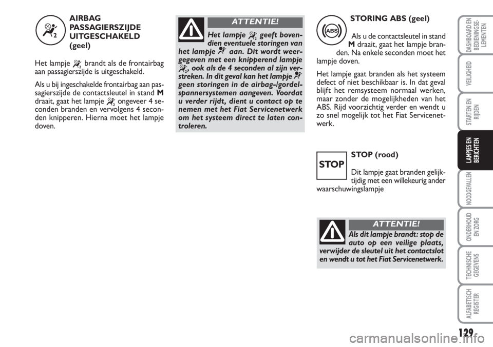 FIAT SCUDO 2011 Instructieboek (in Dutch) 129
NOODGEVALLEN
ONDERHOUD
EN ZORG
TECHNISCHE
GEGEVENS
ALFABETISCH
REGISTER
DASHBOARD EN
BEDIENINGSE-
LEMENTEN
VEILIGHEID
STARTEN EN
RIJDEN
LAMPJES EN
BERICHTENSTOP (rood)
Dit lampje gaat branden geli FIAT SCUDO 2011 Instructieboek (in Dutch) 129
NOODGEVALLEN
ONDERHOUD
EN ZORG
TECHNISCHE
GEGEVENS
ALFABETISCH
REGISTER
DASHBOARD EN
BEDIENINGSE-
LEMENTEN
VEILIGHEID
STARTEN EN
RIJDEN
LAMPJES EN
BERICHTENSTOP (rood)
Dit lampje gaat branden geli