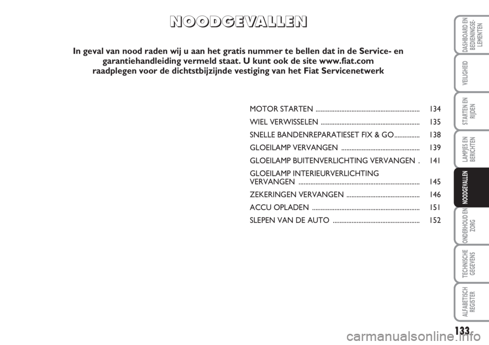 FIAT SCUDO 2011 Instructieboek (in Dutch) 133
LAMPJES EN
BERICHTEN
ONDERHOUD EN
ZORG
TECHNISCHE
GEGEVENS
ALFABETISCH
REGISTER
DASHBOARD EN
BEDIENINGSE-
LEMENTEN
VEILIGHEID
STARTEN EN
RIJDEN
NOODGEVALLEN
MOTOR STARTEN ......................... FIAT SCUDO 2011 Instructieboek (in Dutch) 133
LAMPJES EN
BERICHTEN
ONDERHOUD EN
ZORG
TECHNISCHE
GEGEVENS
ALFABETISCH
REGISTER
DASHBOARD EN
BEDIENINGSE-
LEMENTEN
VEILIGHEID
STARTEN EN
RIJDEN
NOODGEVALLEN
MOTOR STARTEN .........................
