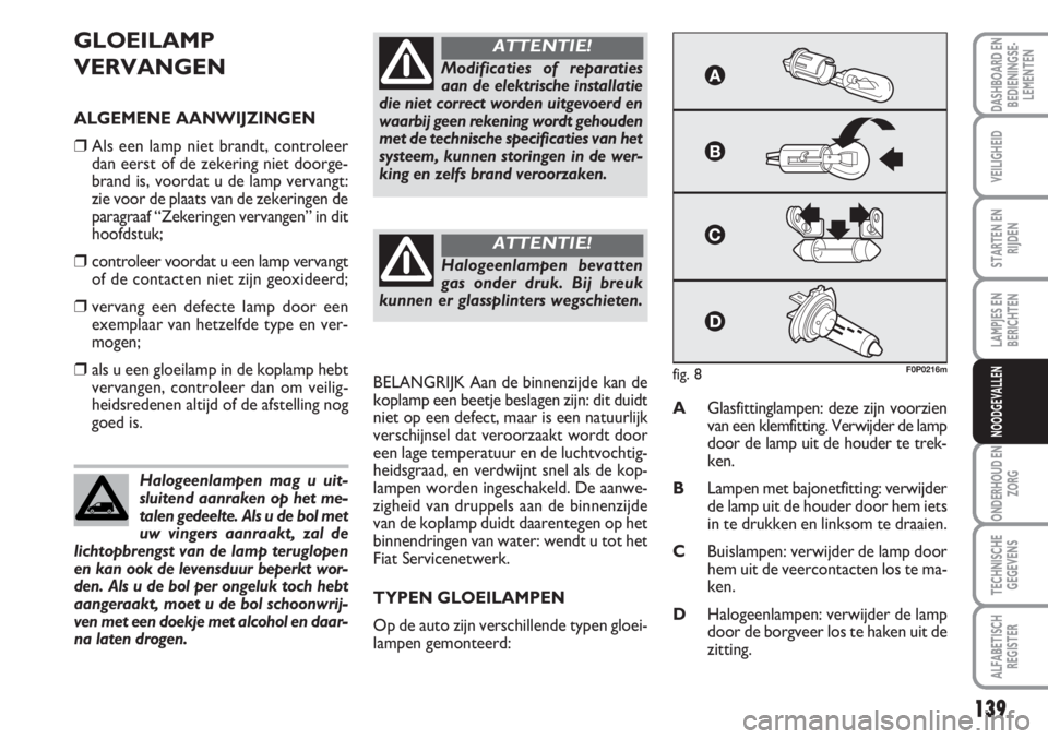FIAT SCUDO 2011 Instructieboek (in Dutch) 139
LAMPJES EN
BERICHTEN
ONDERHOUD EN
ZORG
TECHNISCHE
GEGEVENS
ALFABETISCH
REGISTER
DASHBOARD EN
BEDIENINGSE-
LEMENTEN
VEILIGHEID
STARTEN EN
RIJDEN
NOODGEVALLEN
GLOEILAMP
VERVANGEN
ALGEMENE AANWIJZING FIAT SCUDO 2011 Instructieboek (in Dutch) 139
LAMPJES EN
BERICHTEN
ONDERHOUD EN
ZORG
TECHNISCHE
GEGEVENS
ALFABETISCH
REGISTER
DASHBOARD EN
BEDIENINGSE-
LEMENTEN
VEILIGHEID
STARTEN EN
RIJDEN
NOODGEVALLEN
GLOEILAMP
VERVANGEN
ALGEMENE AANWIJZING