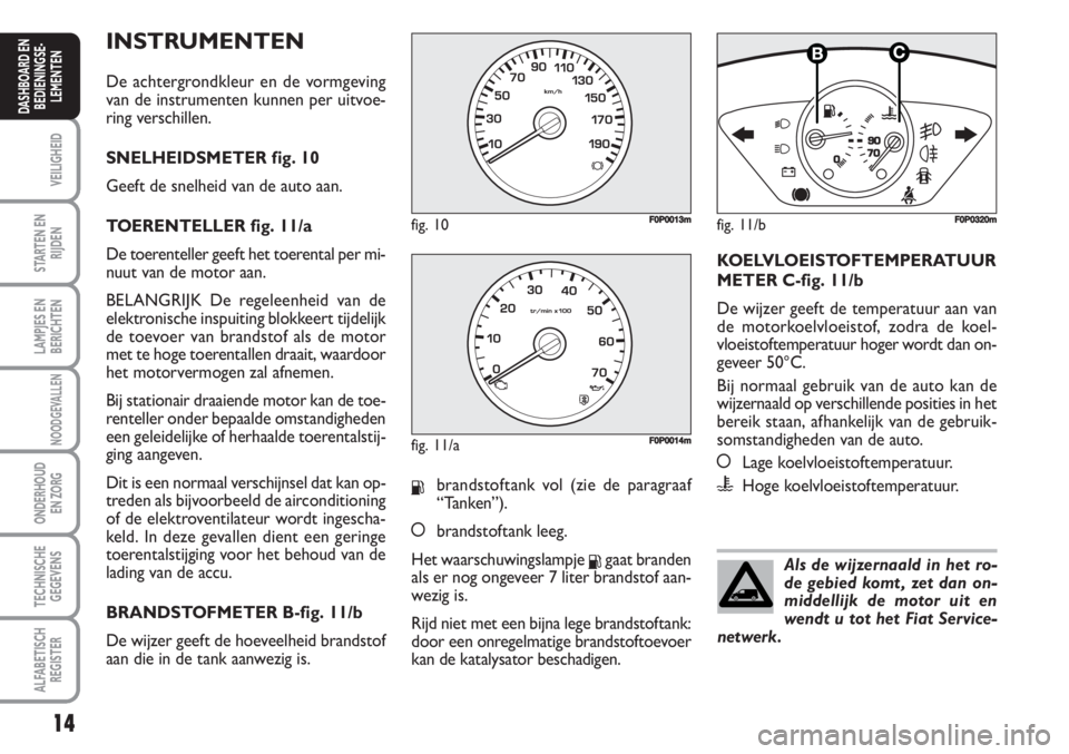 FIAT SCUDO 2011 Instructieboek (in Dutch) 14
VEILIGHEID
STARTEN EN
RIJDEN
LAMPJES EN
BERICHTEN
NOODGEVALLEN
ONDERHOUD
EN ZORG
TECHNISCHE
GEGEVENS
ALFABETISCH
REGISTER
DASHBOARD EN
BEDIENINGSE-
LEMENTEN
INSTRUMENTEN
De achtergrondkleur en de v FIAT SCUDO 2011 Instructieboek (in Dutch) 14
VEILIGHEID
STARTEN EN
RIJDEN
LAMPJES EN
BERICHTEN
NOODGEVALLEN
ONDERHOUD
EN ZORG
TECHNISCHE
GEGEVENS
ALFABETISCH
REGISTER
DASHBOARD EN
BEDIENINGSE-
LEMENTEN
INSTRUMENTEN
De achtergrondkleur en de v