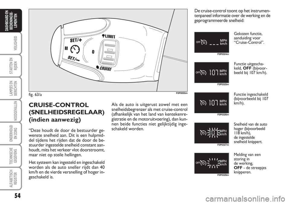 FIAT SCUDO 2011 Instructieboek (in Dutch) 54
VEILIGHEID
STARTEN EN
RIJDEN
LAMPJES EN
BERICHTEN
NOODGEVALLEN
ONDERHOUD
EN ZORG
TECHNISCHE
GEGEVENS
ALFABETISCH
REGISTER
DASHBOARD EN
BEDIENINGSE-
LEMENTEN
fig. 63/aF0P0055m
Gekozen functie,
aand FIAT SCUDO 2011 Instructieboek (in Dutch) 54
VEILIGHEID
STARTEN EN
RIJDEN
LAMPJES EN
BERICHTEN
NOODGEVALLEN
ONDERHOUD
EN ZORG
TECHNISCHE
GEGEVENS
ALFABETISCH
REGISTER
DASHBOARD EN
BEDIENINGSE-
LEMENTEN
fig. 63/aF0P0055m
Gekozen functie,
aand