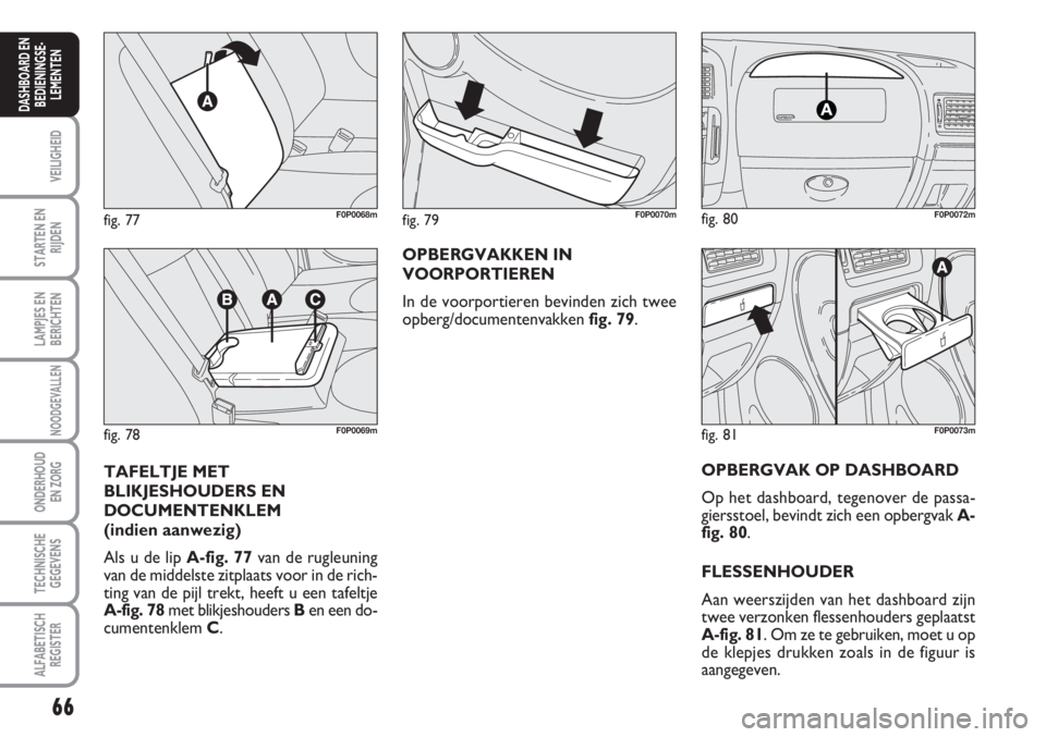FIAT SCUDO 2011 Instructieboek (in Dutch) 66
VEILIGHEID
STARTEN EN
RIJDEN
LAMPJES EN
BERICHTEN
NOODGEVALLEN
ONDERHOUD
EN ZORG
TECHNISCHE
GEGEVENS
ALFABETISCH
REGISTER
DASHBOARD EN
BEDIENINGSE-
LEMENTEN
OPBERGVAKKEN IN
VOORPORTIEREN
In de voor FIAT SCUDO 2011 Instructieboek (in Dutch) 66
VEILIGHEID
STARTEN EN
RIJDEN
LAMPJES EN
BERICHTEN
NOODGEVALLEN
ONDERHOUD
EN ZORG
TECHNISCHE
GEGEVENS
ALFABETISCH
REGISTER
DASHBOARD EN
BEDIENINGSE-
LEMENTEN
OPBERGVAKKEN IN
VOORPORTIEREN
In de voor