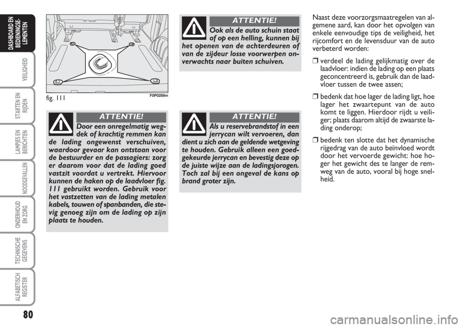 FIAT SCUDO 2011 Instructieboek (in Dutch) 80
VEILIGHEID
STARTEN EN
RIJDEN
LAMPJES EN
BERICHTEN
NOODGEVALLEN
ONDERHOUD
EN ZORG
TECHNISCHE
GEGEVENS
ALFABETISCH
REGISTER
DASHBOARD EN
BEDIENINGSE-
LEMENTEN
fig. 111F0P0289m
Door een onregelmatig w FIAT SCUDO 2011 Instructieboek (in Dutch) 80
VEILIGHEID
STARTEN EN
RIJDEN
LAMPJES EN
BERICHTEN
NOODGEVALLEN
ONDERHOUD
EN ZORG
TECHNISCHE
GEGEVENS
ALFABETISCH
REGISTER
DASHBOARD EN
BEDIENINGSE-
LEMENTEN
fig. 111F0P0289m
Door een onregelmatig w
