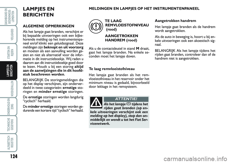 FIAT SCUDO 2012 Instructieboek (in Dutch) 124
NOODGEVALLEN
ONDERHOUD EN
ZORG
TECHNISCHE
GEGEVENS
ALFABETISCH
REGISTER
DASHBOARD EN
BEDIENINGSE-
LEMENTEN
VEILIGHEID
STARTEN EN
RIJDEN
LAMPJES EN
BERICHTEN
LAMPJES EN
BERICHTEN
ALGEMENE OPMERKING FIAT SCUDO 2012 Instructieboek (in Dutch) 124
NOODGEVALLEN
ONDERHOUD EN
ZORG
TECHNISCHE
GEGEVENS
ALFABETISCH
REGISTER
DASHBOARD EN
BEDIENINGSE-
LEMENTEN
VEILIGHEID
STARTEN EN
RIJDEN
LAMPJES EN
BERICHTEN
LAMPJES EN
BERICHTEN
ALGEMENE OPMERKING
