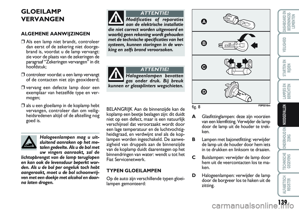 FIAT SCUDO 2012 Instructieboek (in Dutch) 139
LAMPJES EN
BERICHTEN
ONDERHOUD EN
ZORG
TECHNISCHE
GEGEVENS
ALFABETISCH
REGISTER
DASHBOARD EN
BEDIENINGSE-
LEMENTEN
VEILIGHEID
STARTEN EN
RIJDEN
NOODGEVALLEN
GLOEILAMP
VERVANGEN
ALGEMENE AANWIJZING FIAT SCUDO 2012 Instructieboek (in Dutch) 139
LAMPJES EN
BERICHTEN
ONDERHOUD EN
ZORG
TECHNISCHE
GEGEVENS
ALFABETISCH
REGISTER
DASHBOARD EN
BEDIENINGSE-
LEMENTEN
VEILIGHEID
STARTEN EN
RIJDEN
NOODGEVALLEN
GLOEILAMP
VERVANGEN
ALGEMENE AANWIJZING