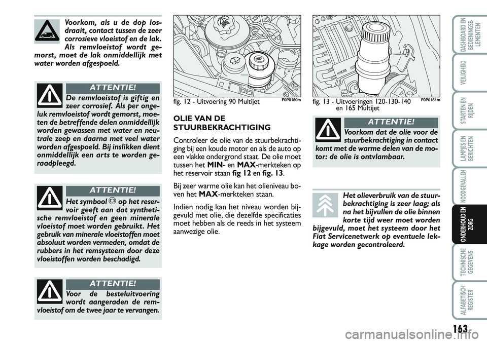 FIAT SCUDO 2012  Instructieboek (in Dutch) 163
LAMPJES EN
BERICHTEN
TECHNISCHE
GEGEVENS
ALFABETISCH
REGISTER
DASHBOARD EN
BEDIENINGSE-
LEMENTEN
VEILIGHEID
STARTEN EN
RIJDEN
NOODGEVALLEN
ONDERHOUD EN
ZORG
Voorkom, als u de dop los-
draait , con