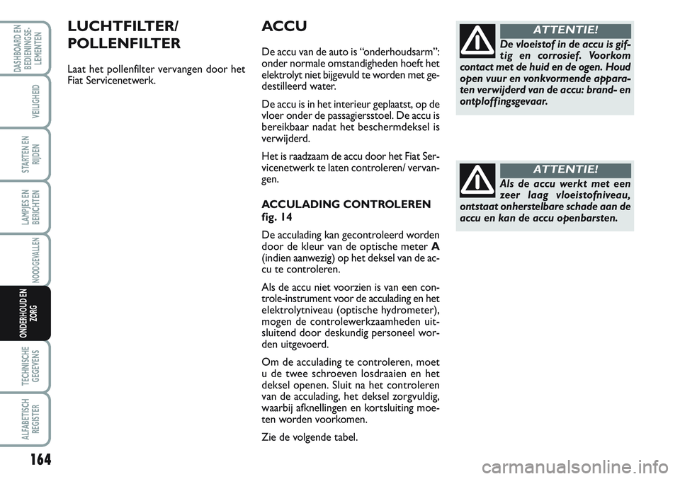 FIAT SCUDO 2012 Instructieboek (in Dutch) 164
LAMPJES EN
BERICHTEN
TECHNISCHE
GEGEVENS
ALFABETISCH
REGISTER
DASHBOARD EN
BEDIENINGSE-
LEMENTEN
VEILIGHEID
STARTEN EN
RIJDEN
NOODGEVALLEN
ONDERHOUD EN
ZORG
ACCU
De accu van de auto is “onderhou FIAT SCUDO 2012 Instructieboek (in Dutch) 164
LAMPJES EN
BERICHTEN
TECHNISCHE
GEGEVENS
ALFABETISCH
REGISTER
DASHBOARD EN
BEDIENINGSE-
LEMENTEN
VEILIGHEID
STARTEN EN
RIJDEN
NOODGEVALLEN
ONDERHOUD EN
ZORG
ACCU
De accu van de auto is “onderhou