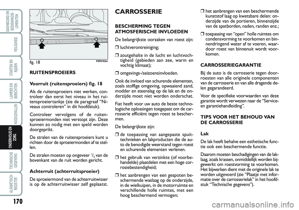 FIAT SCUDO 2012 Instructieboek (in Dutch) 170
LAMPJES EN
BERICHTEN
TECHNISCHE
GEGEVENS
ALFABETISCH
REGISTER
DASHBOARD EN
BEDIENINGSE-
LEMENTEN
VEILIGHEID
STARTEN EN
RIJDEN
NOODGEVALLEN
ONDERHOUD EN
ZORG
❒het aanbrengen van een beschermende
FIAT SCUDO 2012 Instructieboek (in Dutch) 170
LAMPJES EN
BERICHTEN
TECHNISCHE
GEGEVENS
ALFABETISCH
REGISTER
DASHBOARD EN
BEDIENINGSE-
LEMENTEN
VEILIGHEID
STARTEN EN
RIJDEN
NOODGEVALLEN
ONDERHOUD EN
ZORG
❒het aanbrengen van een beschermende