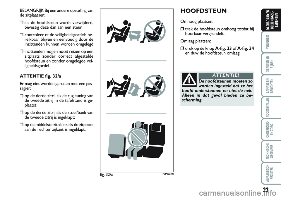 FIAT SCUDO 2012 Instructieboek (in Dutch) 23
VEILIGHEID
STARTEN EN
RIJDEN
LAMPJES EN
BERICHTEN
NOODGEVALLEN
ONDERHOUD
EN ZORG
TECHNISCHE
GEGEVENS
ALFABETISCH
REGISTER
DASHBOARD EN
BEDIENINGSE-
LEMENTEN
HOOFDSTEUN
Omhoog plaatsen:
❒trek de h FIAT SCUDO 2012 Instructieboek (in Dutch) 23
VEILIGHEID
STARTEN EN
RIJDEN
LAMPJES EN
BERICHTEN
NOODGEVALLEN
ONDERHOUD
EN ZORG
TECHNISCHE
GEGEVENS
ALFABETISCH
REGISTER
DASHBOARD EN
BEDIENINGSE-
LEMENTEN
HOOFDSTEUN
Omhoog plaatsen:
❒trek de h