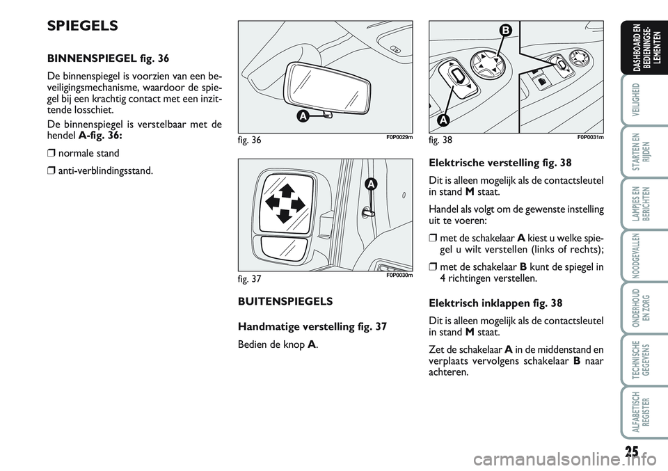 FIAT SCUDO 2012 Instructieboek (in Dutch) 25
VEILIGHEID
STARTEN EN
RIJDEN
LAMPJES EN
BERICHTEN
NOODGEVALLEN
ONDERHOUD
EN ZORG
TECHNISCHE
GEGEVENS
ALFABETISCH
REGISTER
DASHBOARD EN
BEDIENINGSE-
LEMENTEN
SPIEGELS
BINNENSPIEGEL fig. 36
De binnen FIAT SCUDO 2012 Instructieboek (in Dutch) 25
VEILIGHEID
STARTEN EN
RIJDEN
LAMPJES EN
BERICHTEN
NOODGEVALLEN
ONDERHOUD
EN ZORG
TECHNISCHE
GEGEVENS
ALFABETISCH
REGISTER
DASHBOARD EN
BEDIENINGSE-
LEMENTEN
SPIEGELS
BINNENSPIEGEL fig. 36
De binnen