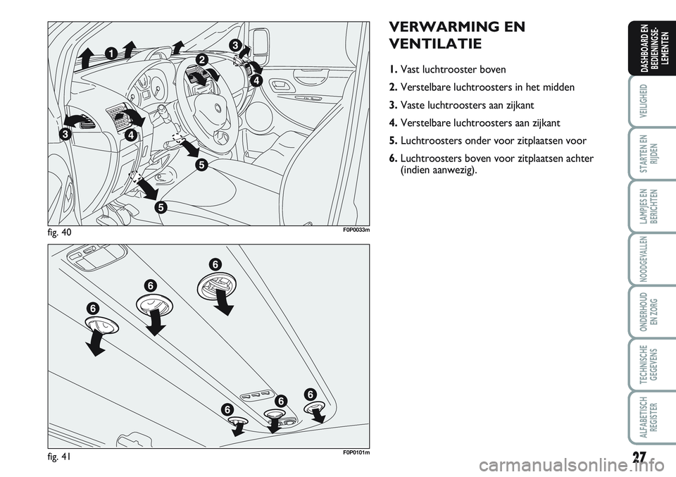 FIAT SCUDO 2012 Instructieboek (in Dutch) 27
VEILIGHEID
STARTEN EN
RIJDEN
LAMPJES EN
BERICHTEN
NOODGEVALLEN
ONDERHOUD
EN ZORG
TECHNISCHE
GEGEVENS
ALFABETISCH
REGISTER
DASHBOARD EN
BEDIENINGSE-
LEMENTEN
VERWARMING EN
VENTILATIE
1.Vast luchtroo FIAT SCUDO 2012 Instructieboek (in Dutch) 27
VEILIGHEID
STARTEN EN
RIJDEN
LAMPJES EN
BERICHTEN
NOODGEVALLEN
ONDERHOUD
EN ZORG
TECHNISCHE
GEGEVENS
ALFABETISCH
REGISTER
DASHBOARD EN
BEDIENINGSE-
LEMENTEN
VERWARMING EN
VENTILATIE
1.Vast luchtroo