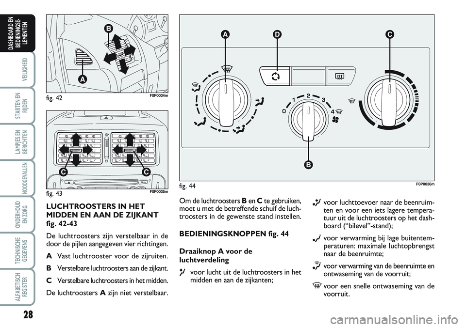 FIAT SCUDO 2012 Instructieboek (in Dutch) 28
VEILIGHEID
STARTEN EN
RIJDEN
LAMPJES EN
BERICHTEN
NOODGEVALLEN
ONDERHOUD
EN ZORG
TECHNISCHE
GEGEVENS
ALFABETISCH
REGISTER
DASHBOARD EN
BEDIENINGSE-
LEMENTEN
Om de luchtroosters BenCte gebruiken,
mo FIAT SCUDO 2012 Instructieboek (in Dutch) 28
VEILIGHEID
STARTEN EN
RIJDEN
LAMPJES EN
BERICHTEN
NOODGEVALLEN
ONDERHOUD
EN ZORG
TECHNISCHE
GEGEVENS
ALFABETISCH
REGISTER
DASHBOARD EN
BEDIENINGSE-
LEMENTEN
Om de luchtroosters BenCte gebruiken,
mo