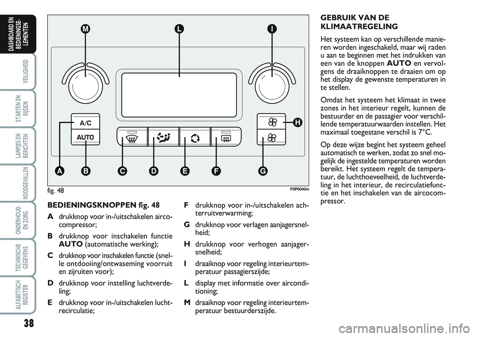FIAT SCUDO 2012 Instructieboek (in Dutch) 38
VEILIGHEID
STARTEN EN
RIJDEN
LAMPJES EN
BERICHTEN
NOODGEVALLEN
ONDERHOUD
EN ZORG
TECHNISCHE
GEGEVENS
ALFABETISCH
REGISTER
DASHBOARD EN
BEDIENINGSE-
LEMENTEN
BEDIENINGSKNOPPEN fig. 48
Adrukknop voor FIAT SCUDO 2012 Instructieboek (in Dutch) 38
VEILIGHEID
STARTEN EN
RIJDEN
LAMPJES EN
BERICHTEN
NOODGEVALLEN
ONDERHOUD
EN ZORG
TECHNISCHE
GEGEVENS
ALFABETISCH
REGISTER
DASHBOARD EN
BEDIENINGSE-
LEMENTEN
BEDIENINGSKNOPPEN fig. 48
Adrukknop voor