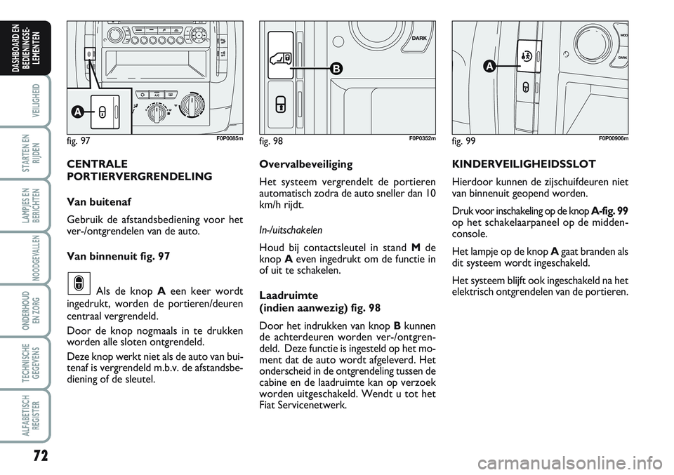 FIAT SCUDO 2012  Instructieboek (in Dutch) 72
VEILIGHEID
STARTEN EN
RIJDEN
LAMPJES EN
BERICHTEN
NOODGEVALLEN
ONDERHOUD
EN ZORG
TECHNISCHE
GEGEVENS
ALFABETISCH
REGISTER
DASHBOARD EN
BEDIENINGSE-
LEMENTEN
fig. 99F0P00906m
KINDERVEILIGHEIDSSLOT
H