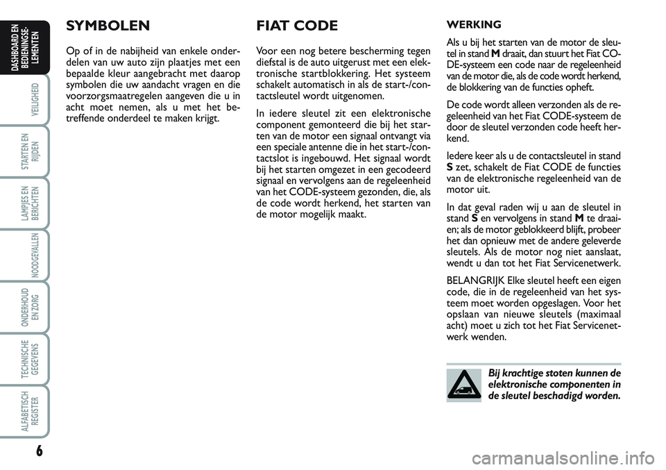 FIAT SCUDO 2012  Instructieboek (in Dutch) 6
VEILIGHEID
STARTEN EN
RIJDEN
LAMPJES EN
BERICHTEN
NOODGEVALLEN
ONDERHOUD
EN ZORG
TECHNISCHE
GEGEVENS
ALFABETISCH
REGISTER
DASHBOARD EN
BEDIENINGSE-
LEMENTEN
SYMBOLEN
Op of in de nabijheid van enkele