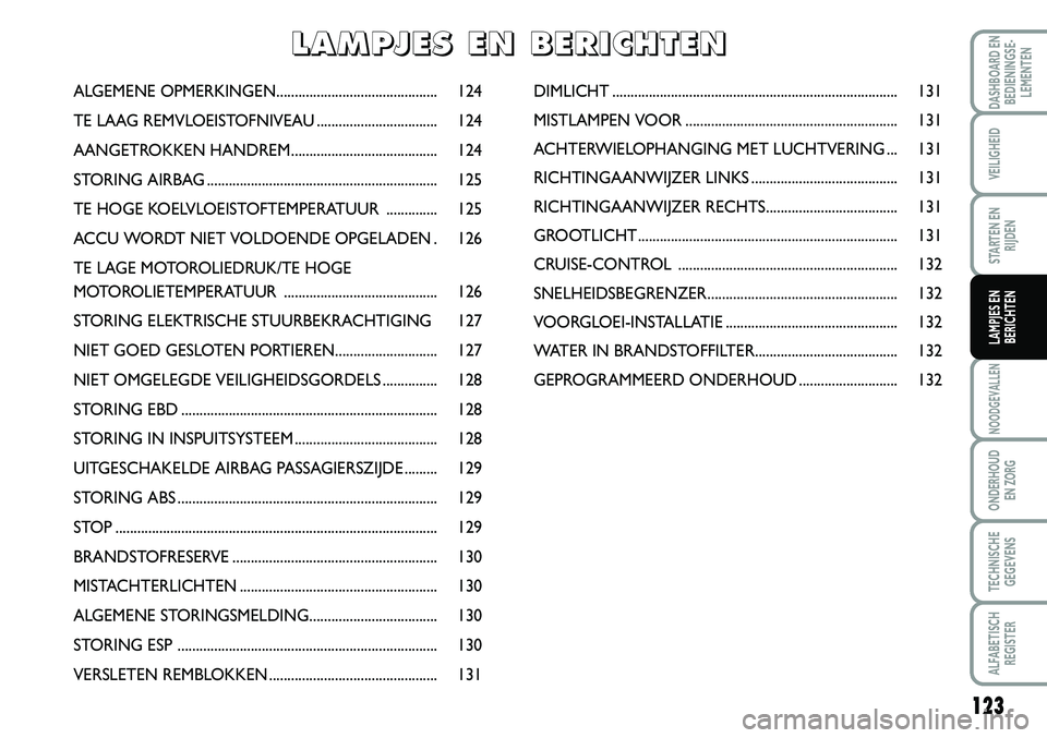 FIAT SCUDO 2013 Instructieboek (in Dutch) 12 3
NOO\bGEVALLEN
ON\bER\fOU\b
EN ZORG
TEC\fNISC\fE
GEGEVENS
ALFABETISC\f
REGISTER
\bAS\fBOAR\b EN
BE\bIENINGSE FIAT SCUDO 2013 Instructieboek (in Dutch) 12 3
NOO\bGEVALLEN
ON\bER\fOU\b
EN ZORG
TEC\fNISC\fE
GEGEVENS
ALFABETISC\f
REGISTER
\bAS\fBOAR\b EN
BE\bIENINGSE