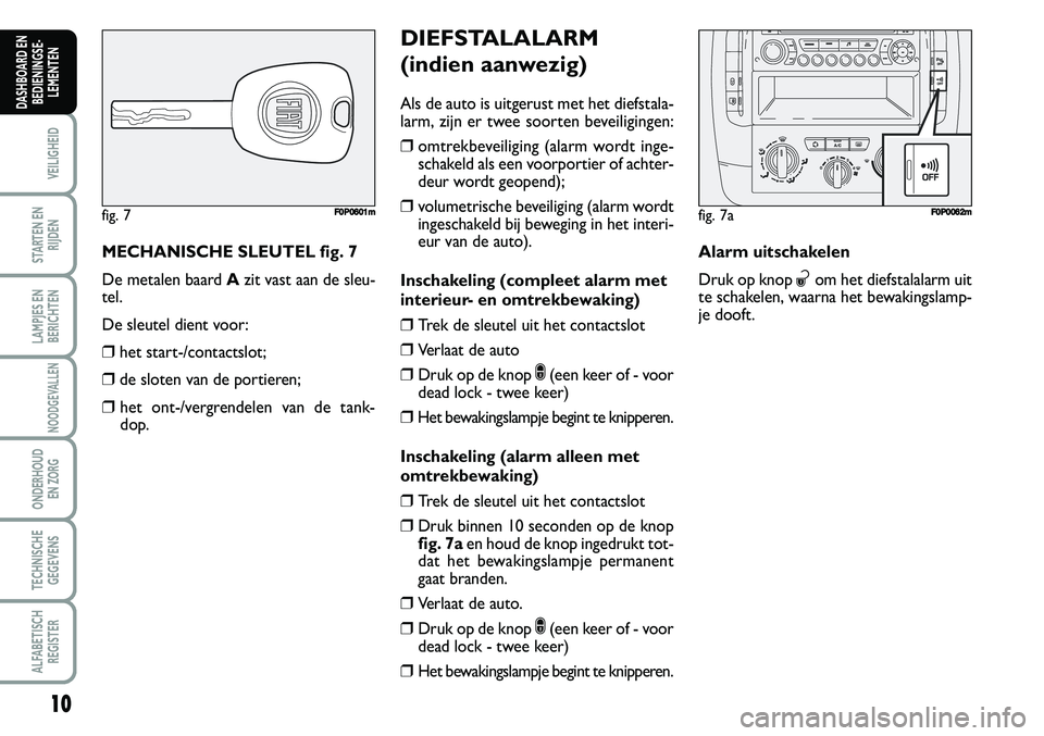 FIAT SCUDO 2013  Instructieboek (in Dutch) 10
VEILIGHEID
STARTEN EN
RIJDEN
LAMPJES EN
BERICHTEN
NOODGEVALLEN
ONDERHOUD 
EN ZORG
TECHNISCHE
GEGEVENS
ALFABETISCH
REGISTER
DASHBOARD EN
BEDIENINGSE�
LEMENTEN
M EC H AN IS C H E S L E U TEL f ig 