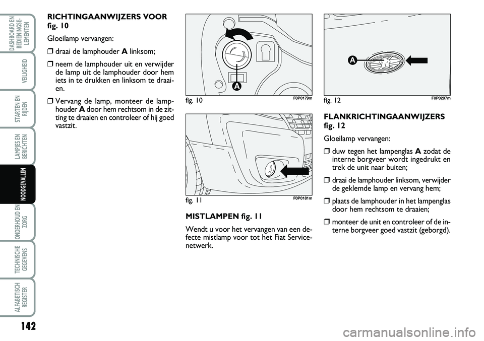 FIAT SCUDO 2013  Instructieboek (in Dutch) 142
LAMPJES EN
BERICHTEN
ONDERHOUD EN
ZORG
TECHNISCHE
GEGEVENS
ALFABETISCH
REGISTER
DASHBOARD EN
BEDIENINGSE�
LEMENTEN
VEILIGHEID
STARTEN EN
RIJDEN
NOODGEVALLEN
R IC H TIN GAAN W IJ Z ER S V O OR
f