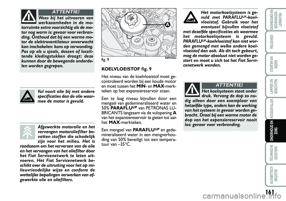 FIAT SCUDO 2013  Instructieboek (in Dutch) 16 1
LAMPJES EN
BERICHTEN
TECHNISCHE
GEGEVENS
ALFABETISCH
REGISTER
DASHBOARD EN
BEDIENINGSE�
LEMENTEN
VEILIGHEID
STARTEN EN
RIJDEN
NOODGEVALLEN
ONDERHOUD EN
ZORG
W ees b ij  h et  u it v o ere n  v