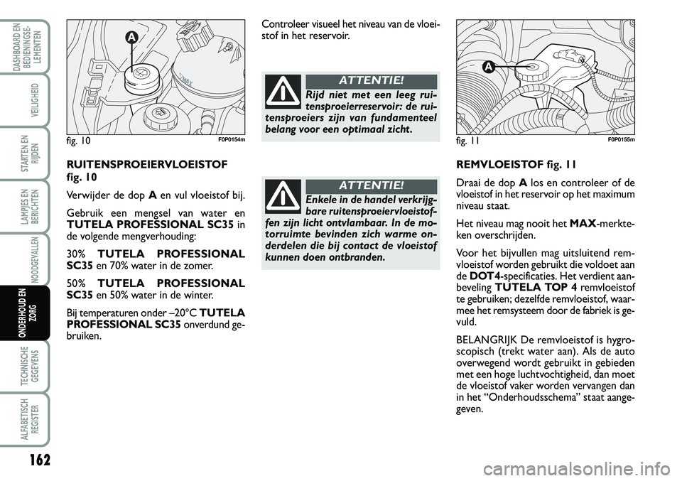 FIAT SCUDO 2013  Instructieboek (in Dutch) 162
LAMPJES EN
BERICHTEN
TECHNISCHE
GEGEVENS
ALFABETISCH
REGISTER
DASHBOARD EN
BEDIENINGSE�
LEMENTEN
VEILIGHEID
STARTEN EN
RIJDEN
NOODGEVALLEN
ONDERHOUD EN
ZORG
R EM VLO EIS T O F f ig .  1 1
D ra 
