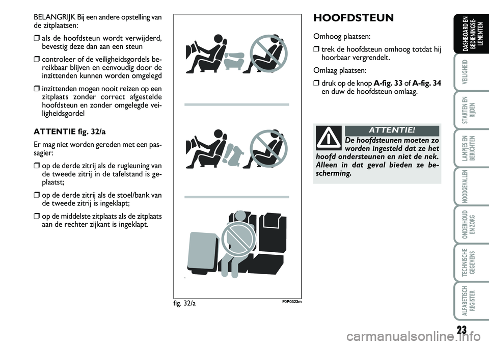 FIAT SCUDO 2013  Instructieboek (in Dutch) 23
VEILIGHEID
STARTEN EN
RIJDEN
LAMPJES EN
BERICHTEN
NOODGEVALLEN
ONDERHOUD 
EN ZORG
TECHNISCHE
GEGEVENS
ALFABETISCH
REGISTER
DASHBOARD EN
BEDIENINGSE�
LEMENTEN
H O OFD ST EU N
Omho o g p la a ts e