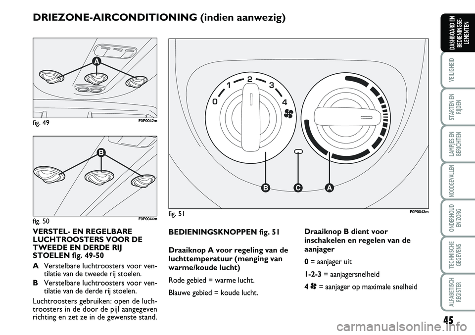 FIAT SCUDO 2013 Instructieboek (in Dutch) 45
VEILIGHEID
STARTEN EN
RIJDEN
LAMPJES EN
BERICHTEN
NOODGEVALLEN
ONDERHOUD
EN ZORG
TECHNISCHE
GEGEVENS
ALFABETISCH
REGISTER
DASHBOARD EN
BEDIENINGSE FIAT SCUDO 2013 Instructieboek (in Dutch) 45
VEILIGHEID
STARTEN EN
RIJDEN
LAMPJES EN
BERICHTEN
NOODGEVALLEN
ONDERHOUD
EN ZORG
TECHNISCHE
GEGEVENS
ALFABETISCH
REGISTER
DASHBOARD EN
BEDIENINGSE