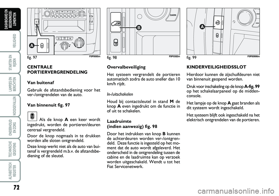 FIAT SCUDO 2013  Instructieboek (in Dutch) 72
VEILIGHEID
STARTEN EN
RIJDEN
LAMPJES EN
BERICHTEN
NOODGEVALLEN
ONDERHOUD 
EN ZORG
TECHNISCHE
GEGEVENS
ALFABETISCH
REGISTER
DASHBOARD EN
BEDIENINGSE�
LEMENTEN
fig .  9 9F 0P 0090 6\f
K IN DER V E