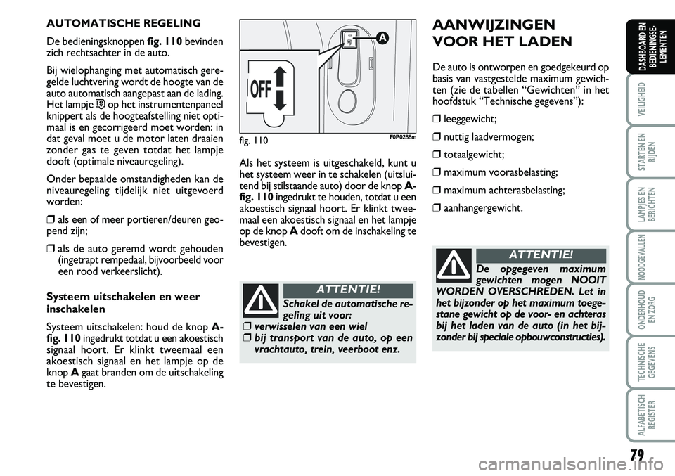 FIAT SCUDO 2013 Instructieboek (in Dutch) 79
VEILIGHEID
STARTEN EN
RIJDEN
LAMPJES EN
BERICHTEN
NOODGEVALLEN
ONDERHOUD
EN ZORG
TECHNISCHE
GEGEVENS
ALFABETISCH
REGISTER
DASHBOARD EN
BEDIENINGSE FIAT SCUDO 2013 Instructieboek (in Dutch) 79
VEILIGHEID
STARTEN EN
RIJDEN
LAMPJES EN
BERICHTEN
NOODGEVALLEN
ONDERHOUD
EN ZORG
TECHNISCHE
GEGEVENS
ALFABETISCH
REGISTER
DASHBOARD EN
BEDIENINGSE