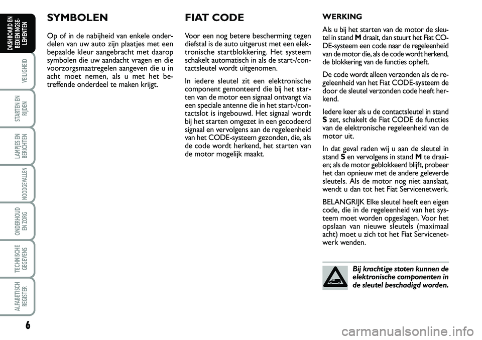 FIAT SCUDO 2013  Instructieboek (in Dutch) 6
VEILIGHEID
STARTEN EN
RIJDEN
LAMPJES EN
BERICHTEN
NOODGEVALLEN
ONDERHOUD 
EN ZORG
TECHNISCHE
GEGEVENS
ALFABETISCH
REGISTER
DASHBOARD EN
BEDIENINGSE�
LEMENTEN
SY M BO LE N
O p o f  in  d e n ab ij