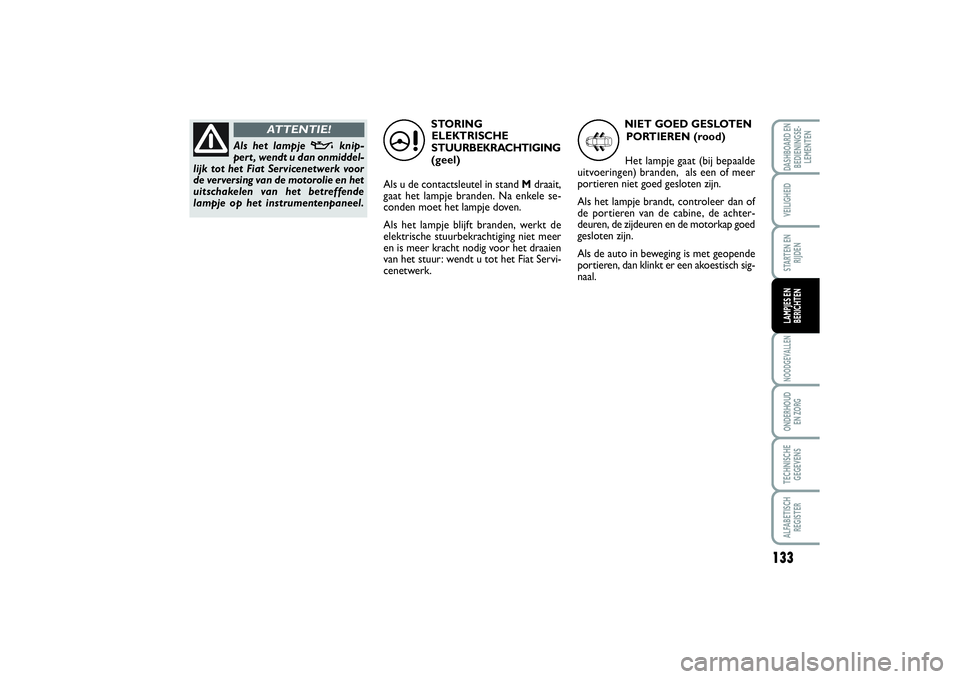 FIAT SCUDO 2014 Instructieboek (in Dutch) 133
NOODGEVALLENONDERHOUD
EN ZORGTECHNISCHE
GEGEVENSALFABETISCH
REGISTERDASHBOARD EN
BEDIENINGSE-
LEMENTENVEILIGHEIDSTARTEN EN
RIJDENLAMPJES EN
BERICHTEN
STORING
ELEKTRISCHE
STUURBEKRACHTIGING
(geel) FIAT SCUDO 2014 Instructieboek (in Dutch) 133
NOODGEVALLENONDERHOUD
EN ZORGTECHNISCHE
GEGEVENSALFABETISCH
REGISTERDASHBOARD EN
BEDIENINGSE-
LEMENTENVEILIGHEIDSTARTEN EN
RIJDENLAMPJES EN
BERICHTEN
STORING
ELEKTRISCHE
STUURBEKRACHTIGING
(geel)