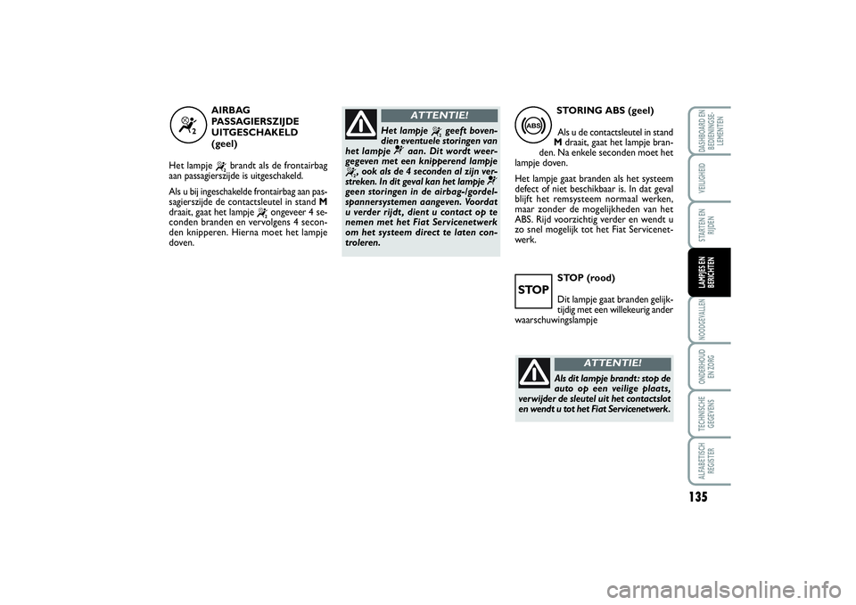 FIAT SCUDO 2014 Instructieboek (in Dutch) 135
NOODGEVALLENONDERHOUD
EN ZORGTECHNISCHE
GEGEVENSALFABETISCH
REGISTERDASHBOARD EN
BEDIENINGSE-
LEMENTENVEILIGHEIDSTARTEN EN
RIJDENLAMPJES EN
BERICHTEN
STOP (rood)
Dit lampje gaat branden gelijk-
t FIAT SCUDO 2014 Instructieboek (in Dutch) 135
NOODGEVALLENONDERHOUD
EN ZORGTECHNISCHE
GEGEVENSALFABETISCH
REGISTERDASHBOARD EN
BEDIENINGSE-
LEMENTENVEILIGHEIDSTARTEN EN
RIJDENLAMPJES EN
BERICHTEN
STOP (rood)
Dit lampje gaat branden gelijk-
t