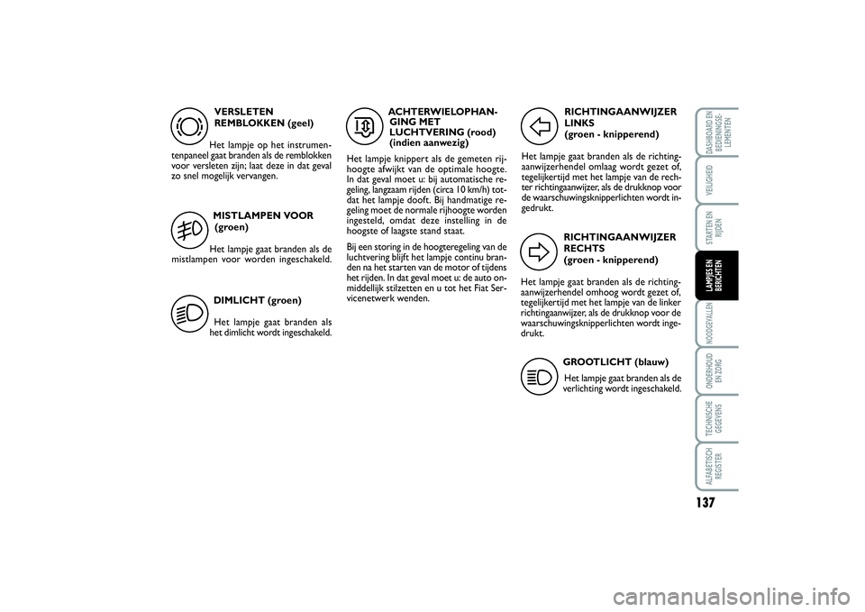 FIAT SCUDO 2014 Instructieboek (in Dutch) 137
NOODGEVALLENONDERHOUD
EN ZORGTECHNISCHE
GEGEVENSALFABETISCH
REGISTERDASHBOARD EN
BEDIENINGSE-
LEMENTENVEILIGHEIDSTARTEN EN
RIJDENLAMPJES EN
BERICHTEN
VERSLETEN
REMBLOKKEN (geel)
Het lampje op het FIAT SCUDO 2014 Instructieboek (in Dutch) 137
NOODGEVALLENONDERHOUD
EN ZORGTECHNISCHE
GEGEVENSALFABETISCH
REGISTERDASHBOARD EN
BEDIENINGSE-
LEMENTENVEILIGHEIDSTARTEN EN
RIJDENLAMPJES EN
BERICHTEN
VERSLETEN
REMBLOKKEN (geel)
Het lampje op het