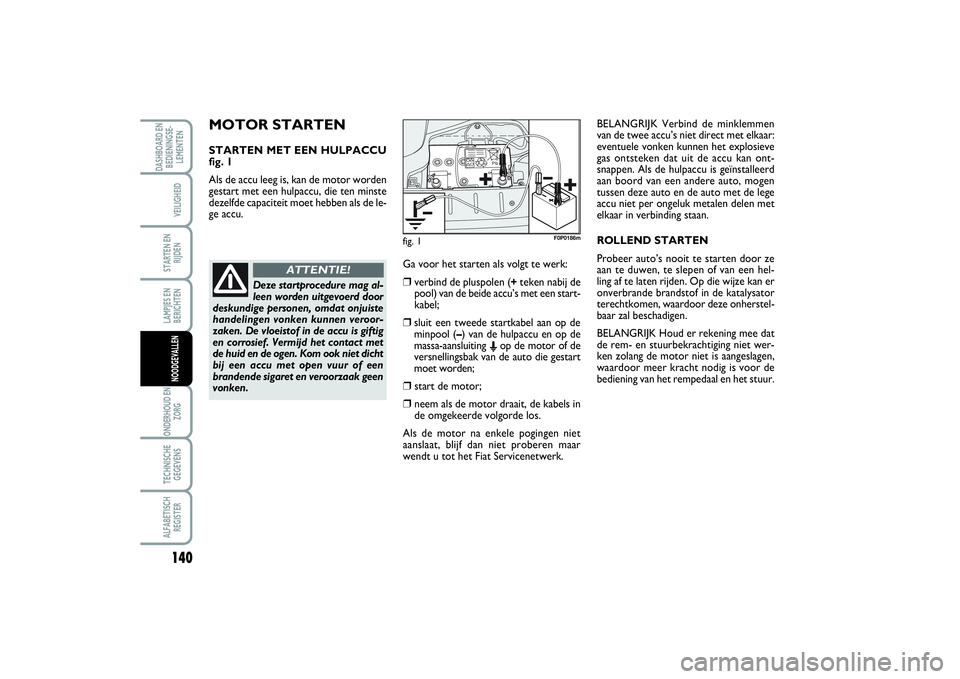 FIAT SCUDO 2014 Instructieboek (in Dutch) 140LAMPJES EN
BERICHTENONDERHOUD EN
ZORGTECHNISCHE
GEGEVENSALFABETISCH
REGISTERDASHBOARD EN
BEDIENINGSE-
LEMENTEN
VEILIGHEIDSTARTEN EN
RIJDENNOODGEVALLEN
MOTOR STARTENSTARTEN MET EEN HULPACCU
fig. 1
A FIAT SCUDO 2014 Instructieboek (in Dutch) 140LAMPJES EN
BERICHTENONDERHOUD EN
ZORGTECHNISCHE
GEGEVENSALFABETISCH
REGISTERDASHBOARD EN
BEDIENINGSE-
LEMENTEN
VEILIGHEIDSTARTEN EN
RIJDENNOODGEVALLEN
MOTOR STARTENSTARTEN MET EEN HULPACCU
fig. 1
A