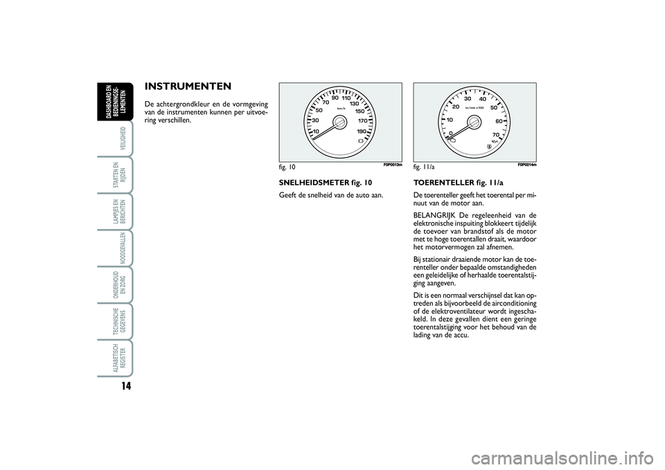 FIAT SCUDO 2014  Instructieboek (in Dutch) 14VEILIGHEIDSTARTEN EN
RIJDENLAMPJES EN
BERICHTENNOODGEVALLENONDERHOUD 
EN ZORGTECHNISCHE
GEGEVENSALFABETISCH
REGISTERDASHBOARD EN
BEDIENINGSE-
LEMENTEN
INSTRUMENTENDe achtergrondkleur en de vormgevin