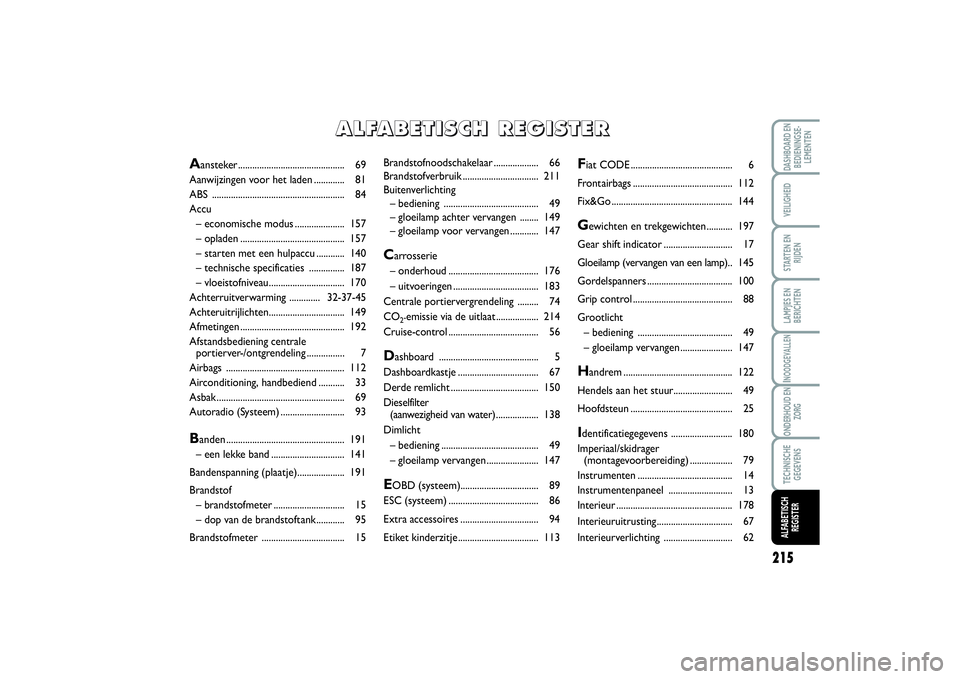 FIAT SCUDO 2014 Instructieboek (in Dutch) 215
LAMPJES EN
BERICHTENDASHBOARD EN
BEDIENINGSE-
LEMENTENVEILIGHEIDSTARTEN EN
RIJDENINOODGEVALLENONDERHOUD EN
ZORGTECHNISCHE
GEGEVENSALFABETISCH
REGISTER
Brandstofnoodschakelaar ................... 6 FIAT SCUDO 2014 Instructieboek (in Dutch) 215
LAMPJES EN
BERICHTENDASHBOARD EN
BEDIENINGSE-
LEMENTENVEILIGHEIDSTARTEN EN
RIJDENINOODGEVALLENONDERHOUD EN
ZORGTECHNISCHE
GEGEVENSALFABETISCH
REGISTER
Brandstofnoodschakelaar ................... 6